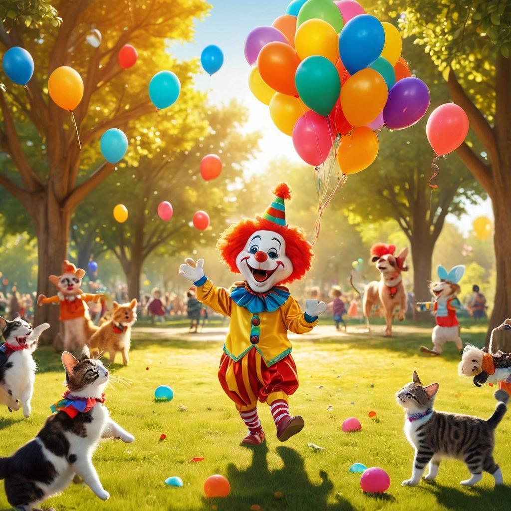 A whimsical scene depicting a vibrant park filled with colorful balloons, playful children frolicking, and a joyful clown performing tricks. In the foreground, various quirky animals like a dancing dog and a laughing cat, surrounded by laughter and fun. Bright sunshine casts a golden glow, enhancing the cheerful atmosphere. cartoon style. full of vibrant colors. lively and energetic.