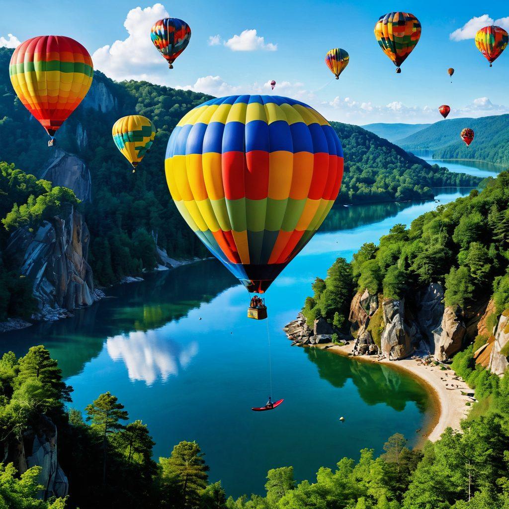 A vibrant collage of ten thrilling outdoor activities, such as zip-lining through a lush forest, kayaking on a sparkling lake, rock climbing on majestic cliffs, and hot air ballooning over rolling hills. The activities are surrounded by whimsical elements like playful animals and colorful balloons, capturing the essence of adventure and excitement. Bright and cheerful colors to evoke a sense of joy and fun. highly detailed. vibrant colors. 3D.