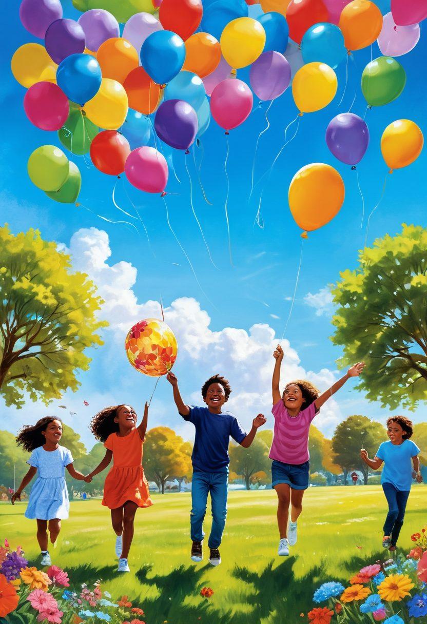 A joyful scene showcasing a diverse group of friends engaging in whimsical adventures such as kite flying, cupcake decorating, and painting in a sunny park adorned with colorful flowers and balloons. Laughter and joy radiate from their faces, with vibrant backgrounds of blue skies and fluffy clouds. Include playful elements like oversized balloons and playful animals joining in the fun. super-realistic. vibrant colors. bright and cheerful atmosphere.
